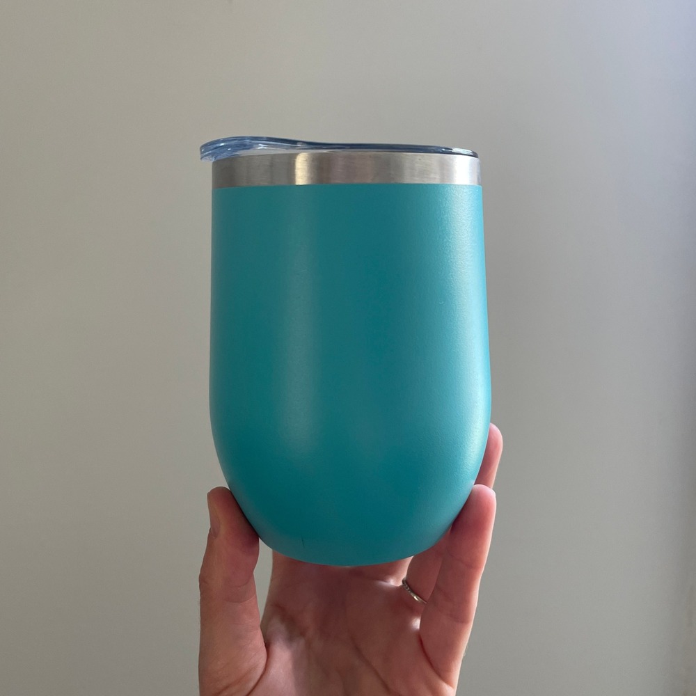 Teal‎ Blue Insulated Stainless Steel Wine Tumbler Clear Lid 12oz Coastal Vacay